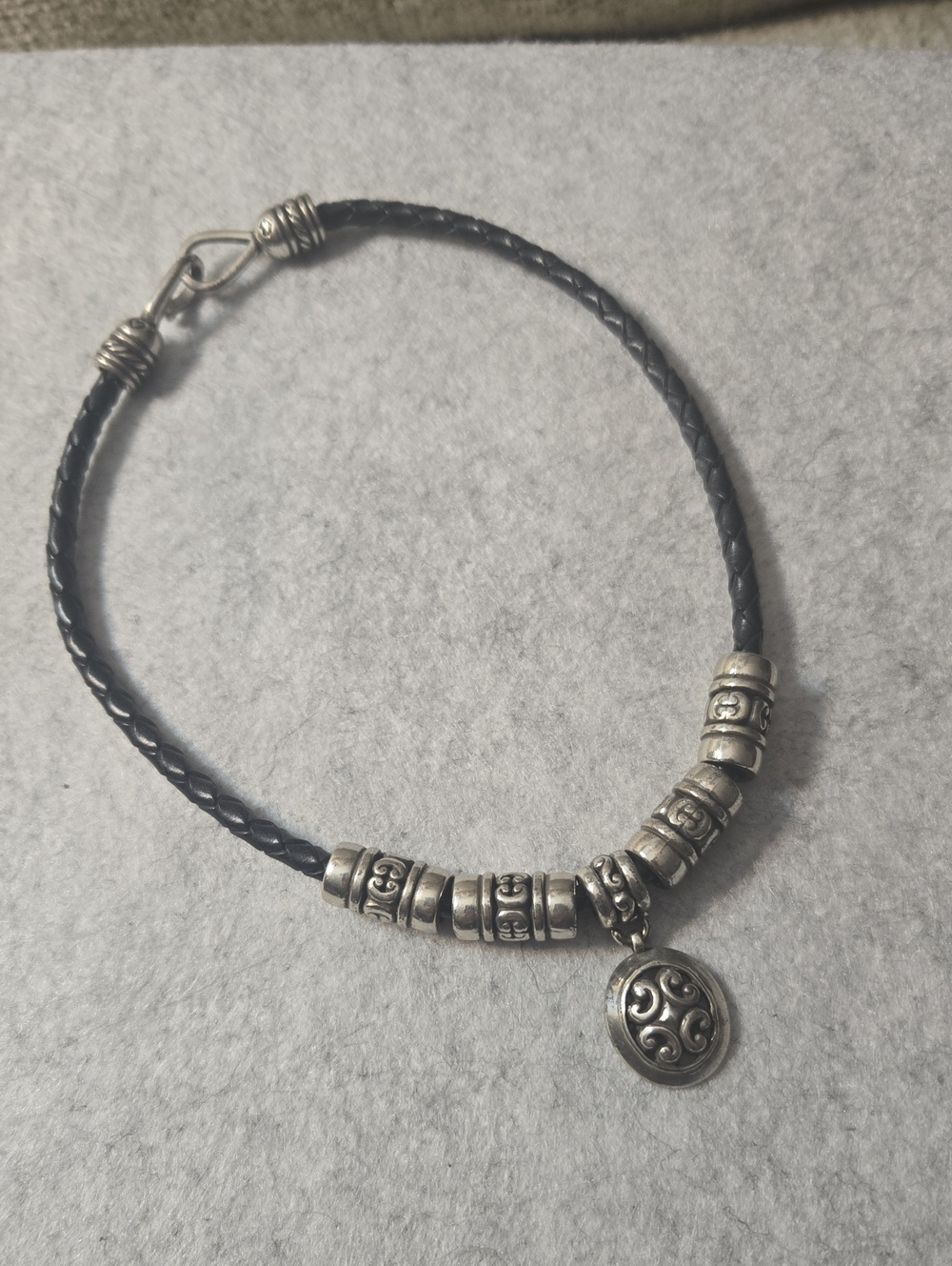 Brighton Black Braided Leather Necklace with Silver-Tone Beads and Pendant